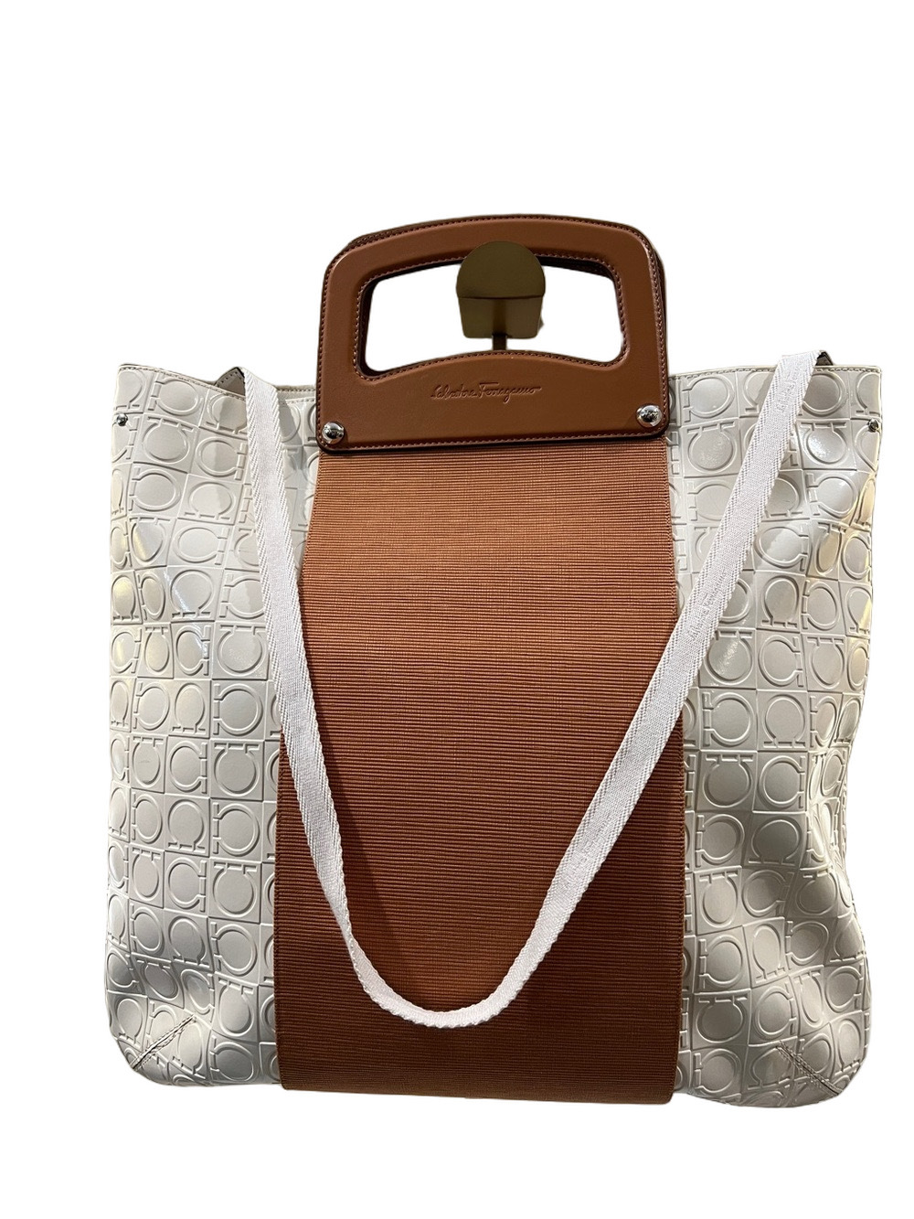 Salvatore Ferragamo White Gancini PVC Tote Bag with Center Ribbon